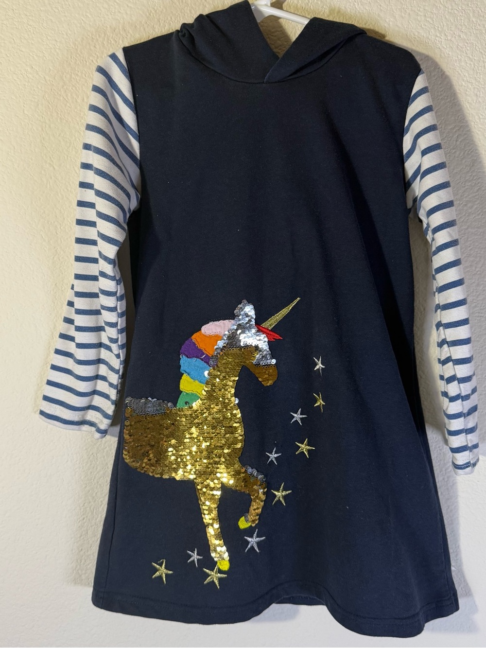 Girls Navy Hoodie Dress with Gold Sequin Unicorn 5-6T mini boden inspired stars